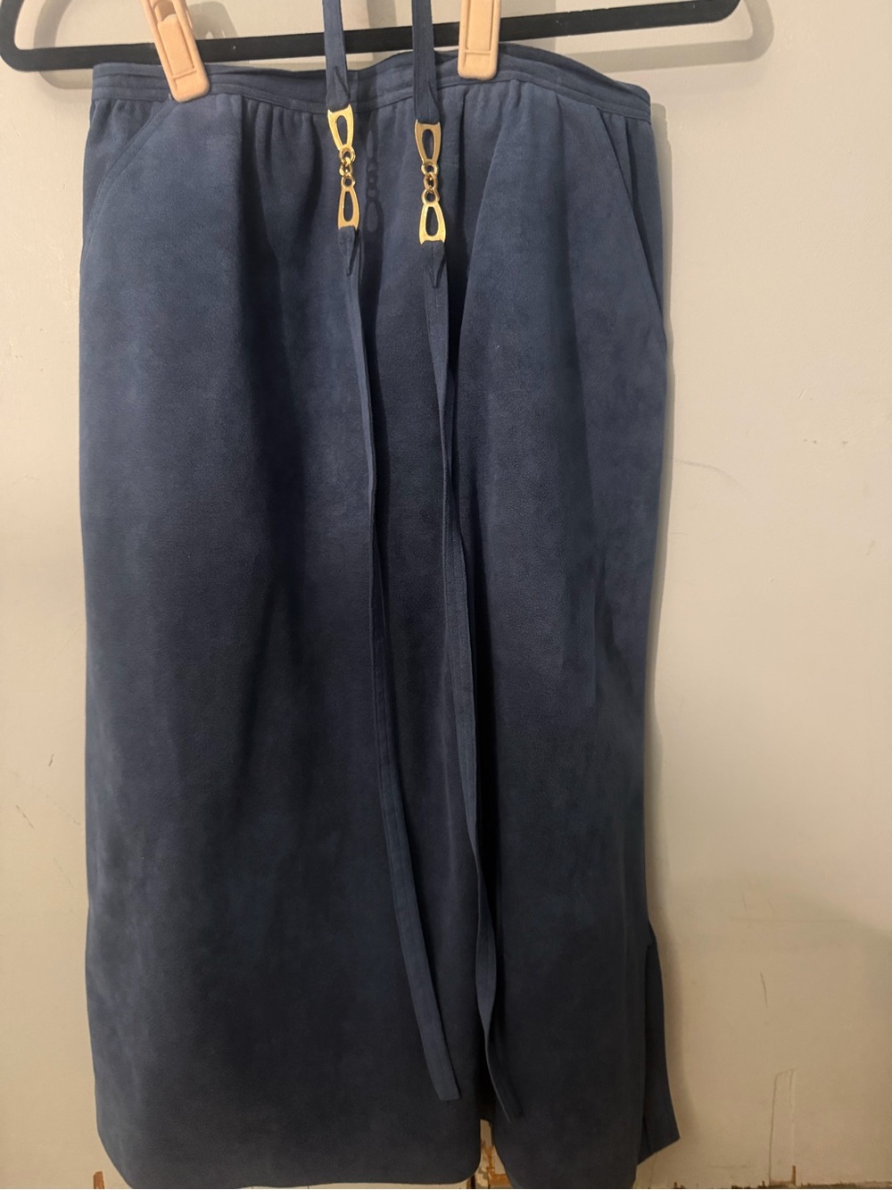 Vintage ILGWU Blue Suede Midi Skirt Gold Belt Made in USA